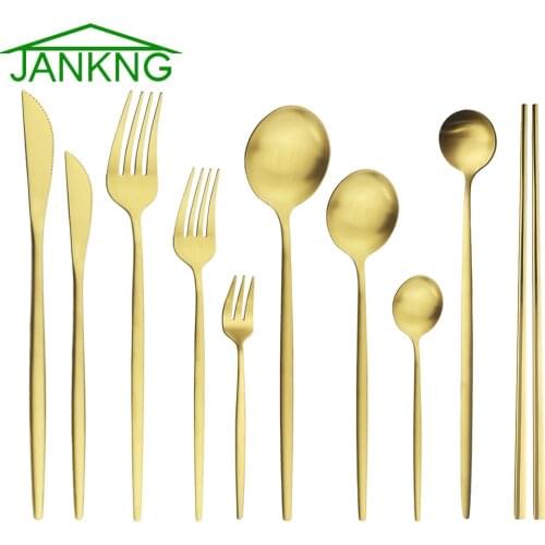 6Pcs Gold Matte Dinnerware Sets Stainless Steel Cutlery Set Dinner Knife Fork Spoon Dessert Fork Flatware KitchenTableware Set