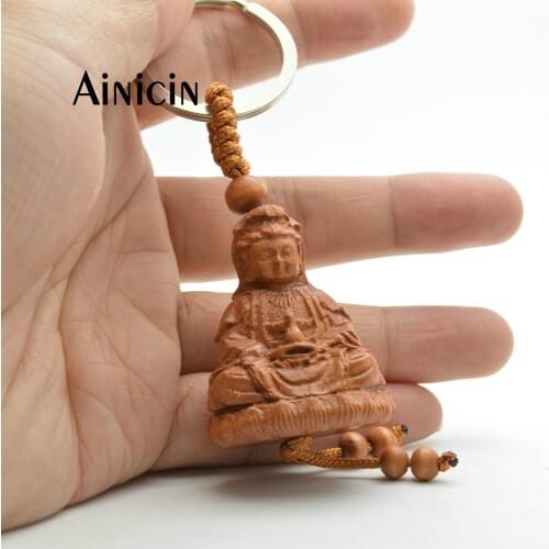 Novelty Gift Lifelike Chinese Guanyin Buddha Wood Carved Keychains Cheap Business Gift Jewelry