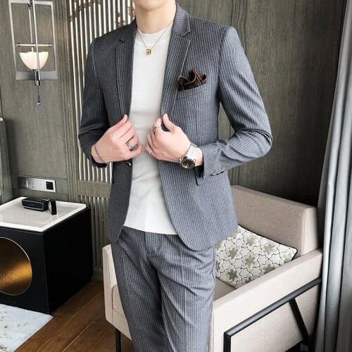 The new four seasons fashion striped suit long trousers two-piece suit Korean business casual banquet men small suit dress suit