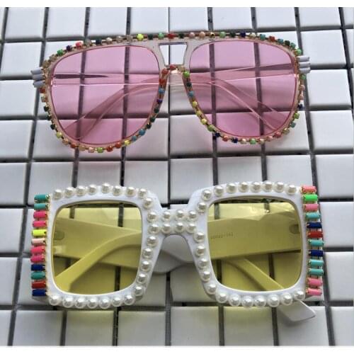 New Arrival Square Rainbow Beads Women Sunglasses Pink Polit Mens Eyewear UV400 Vintage Shades Oversized Sun Glasses Gafas de