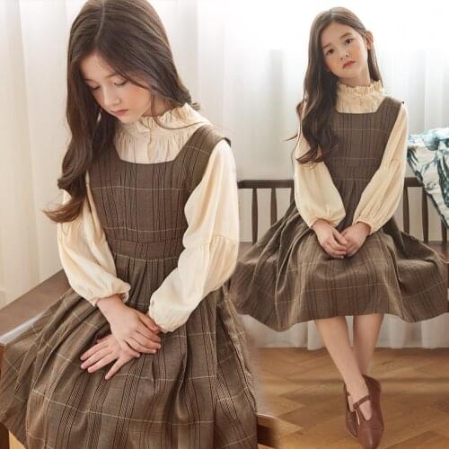 10 12 years Korean style vintage plaid brace skirts kids girls suits spring autumn long sleeve girls outfit