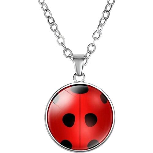 FIMAODZ Cute Cartoon Ladybird Insect Chain Necklace Glass Round Cat Paw Print Alloy Pendant Necklaces Kids Girl Cosplay Jewelry