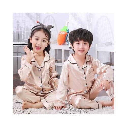 Spring Autumn Children Satin Pajamas Sets Kids Girls Solid Silk Long Sleeve 2 Pieces Tops+Pants Sleepwear Pyjama