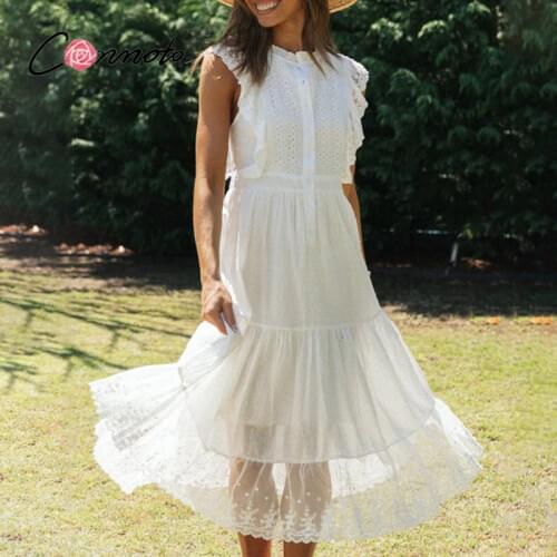 Conmoto Elegant ruffle lace white dress women Casual A-line summer midi dress Vintage Holiday party fashion sleeveless dresses
