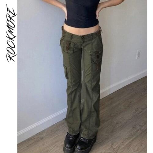 Rockmore Vintage Low Rise Jeans Women Pockets Patchwork Cargo Pants Y2K Streetwear Straight Denim Trousers Capris 90s Grunge