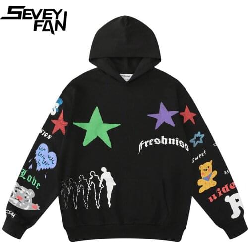 SEVEYFAN Mens Fashion Star Foam Graffiti Sweatshirt Hoodie Streetwear Hip Hop Oversize Pullover Sweatshirt for Male