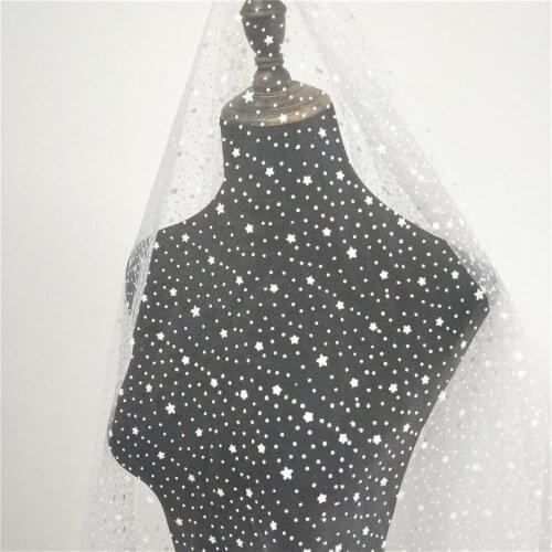 SALE Tulle Lace Fabric With Little Stars And Polka Dot Embroidery In White For Dolls, Bridal Veil, Costume By The Yard