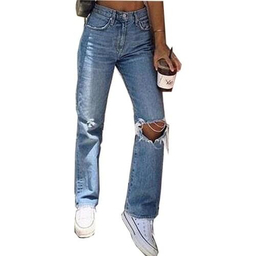 High Waisted Hole Jeans Women Summer 2021 New Loose Full Length High Waist All Match Vintage Straight Leisure Streetwears