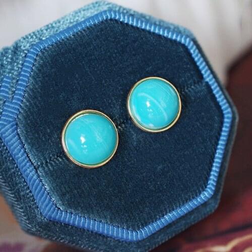 S925 Sterling Silver Sleeping Beauty Natural Turquoise Stud Earrings Gilding Circular Earrings Womens Simple Ancient Gold Craft