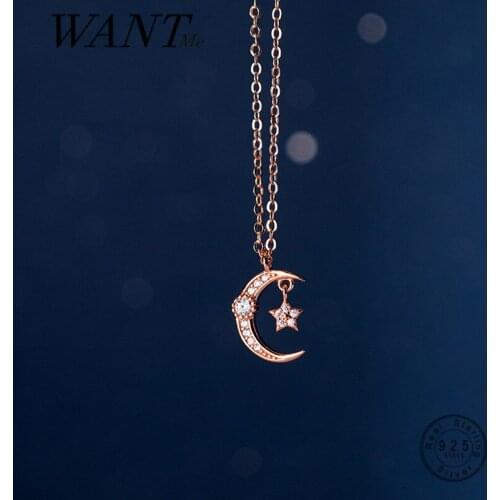 WANTME Genuine 925 Sterling Silver Romantic Luxury Zircon Star Moon Pendant Clavicle Necklace for Women Fashion Wedding Jewelry