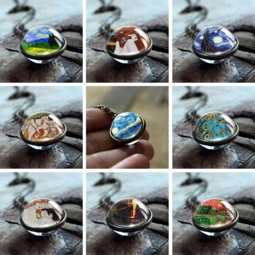 2019 Starry Night Van Gogh Art Painting Necklace Retro Double Side Glass Ball Pendant Bronze Zinc Alloy Necklace Gifts for Women