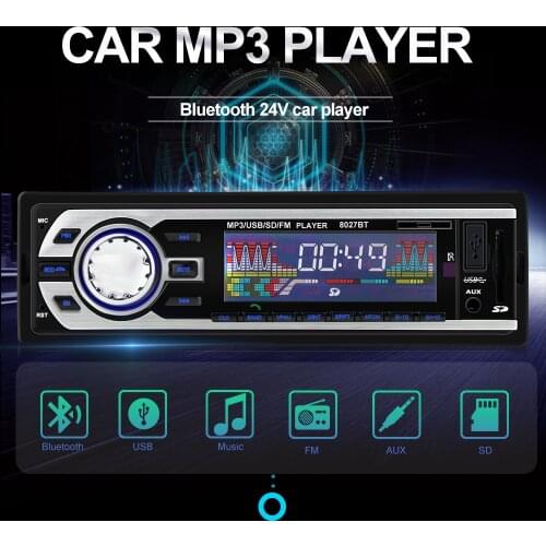 For 12V and 24V Autoradio car Audio Player 1 DIN Car Radio Kits Stereo FM Tuner Bluetooth AUX MP3 SD USB Car-Charger 8027BT