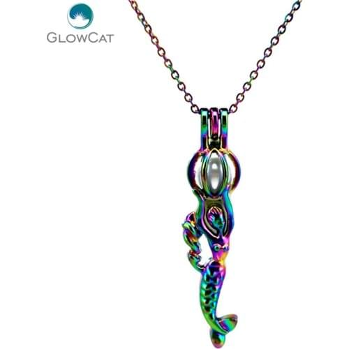 C213 COLORS Mermaid fairy tale bead cage Necklace Pendant Aroma Essential Oil Diffuser Locket Necklace