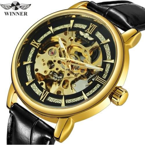 WINNER Official NEW Automatic Mechanical Watch Men Brand Luxury Golden Skeleton Wristwatch Leather Strap Casual Business Clock