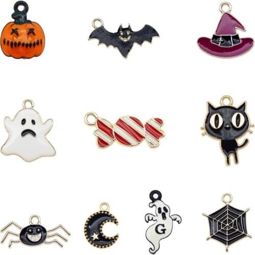 Julie Wang 10/20PCS Enamel Halloween Charms Mixed Alloy Candy Ghost Pumpkin Bat Spider Cat Hat Pendant Jewelry Making Accessory