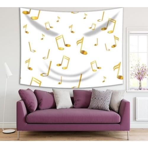 Tapestry Golden Music Notes on White background Musical Symbols Melodies Modern Artwork Print