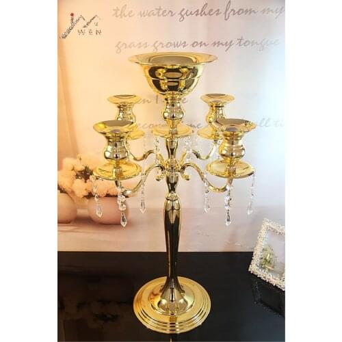 IMUWEN 75cm gold 5 arms Crystal Candelabra Candle Holders wedding Centerpiece flower bowl Candlestick event party candelabrum