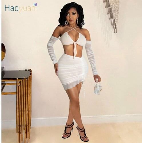 HAOYUAN Mesh Sheer Two Piece Set Long Sleeve Bandage Crop Top Bodycon Shirring Mini Dress Summer Clubwear Outfits Matching Sets