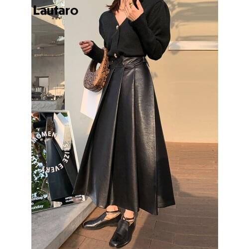 Lautaro Autumn High Waisted Pleated Black Soft Faux Leather Midi Skirt A Line Long Skirts for Women Korean Fashion Clothing 2021