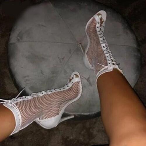 Hot Selling White Black Mesh Ankle Boots Zipper Lace-up Net Pattern Party Dress Shoes Hollow Patchwork Cage Shoes Women