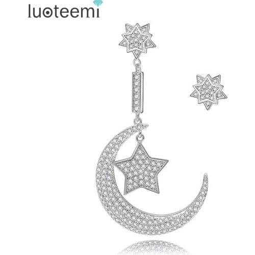 LUOTEEMI New Luxury Vintage Korea Style Asymmetry Long Drop Earrings with Moon and Star Pendant CZ Ear Cuff Women Accessories