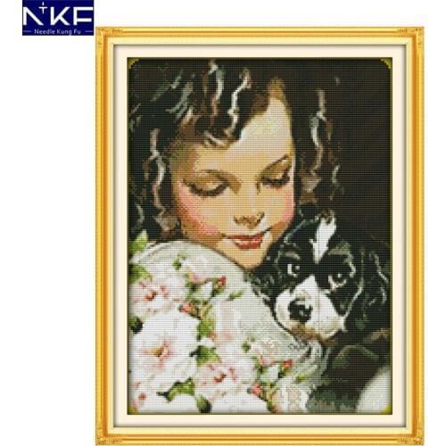 NKF Dog and Girl Cross Stitch Painting DIY Kits Cross Stitch for Embroidery Home Decor Needlework Cross Stitch Pattern