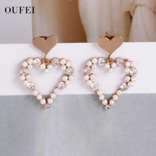 OUFEI Crystal Pearl Simulated Earrings Heart Rose Gold Jewelry Statement Earings Fashion Jewelry Women For Wedding Party Gift