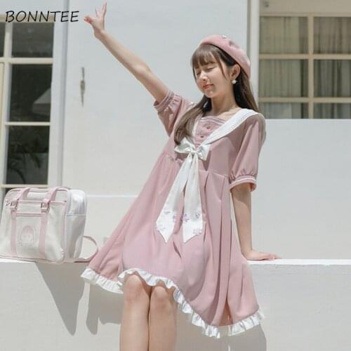 Dresses Women A-Line Bow Pink Leisure Students Preppy Style Fresh Short Sleeve Knee-length Ladies Harajuku Kawaii Summer Sweet