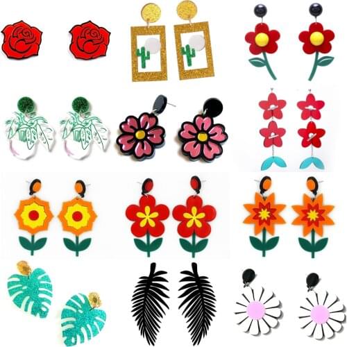 Fashion Lovely Flower Daisy Rose Cactus Drop Earrings for Women Girls Acrylic Plant Dangle Earrings Female Brincos Jewelry