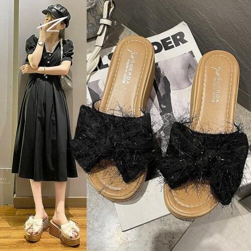 Womens Flip Flops Bow Sandals Wedge High Heels Peep Toe Summer Slippers Shoes Women Flat Platform Sandals Slides Slippers Shoes