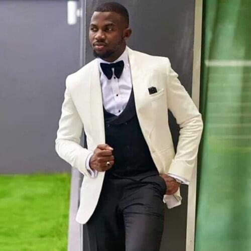 3 Piece Groom Tuxedos for Wedding Slim Fit Men Suits African Male Fashion Costume Ivory Jacket with Black Pants Vest 2021