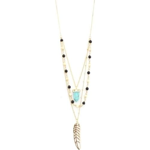 Light Yellow Gold Color Alloy Leaf Geometric Green Turquoises Stone Pendant Multi Layer Necklace with Small Beads Jewelry