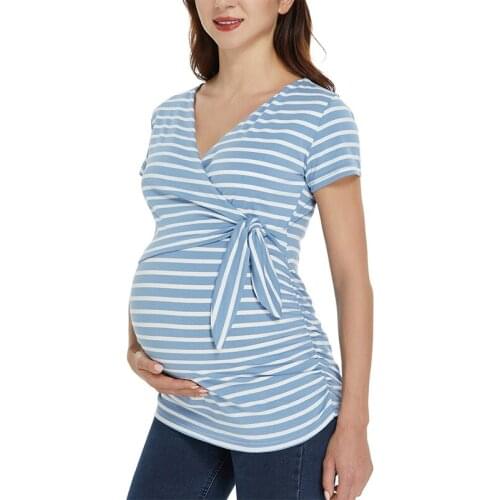 Women Stripe Short Sleeve T-Shift Maternity Clothes Pregnant Wrap Breastfeeding Clothes Tops for Pregnancy Blouses Tops Summer