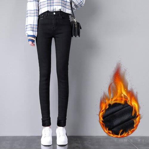 Women Plus Velvet Jeans Pant 2021 Winter warm thick elastic high waist skinny jeans classic stretch comfortable denim pants