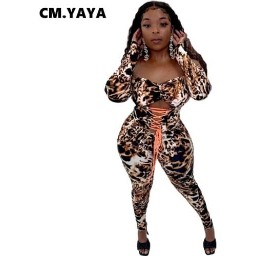 CM.YAYA Women Jumpsuit Leopard Print Off Shoulder Full Sleeve Hollow Out Bandage Stretchy Pencil Jumpsuits Sexy Outfit Autumn