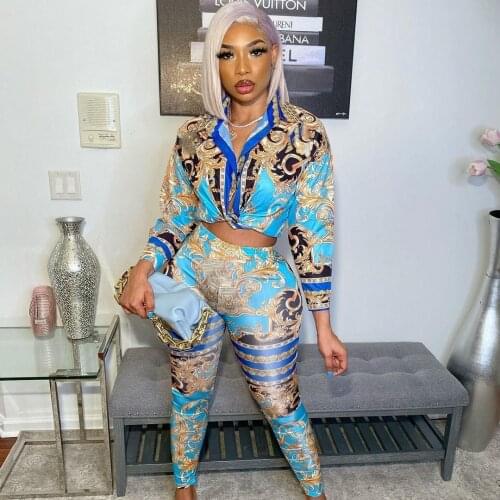 Sexy Print 2 Piece Set Spring Autumn Women Long Sleeve Shirt Blouse Top And Pants Sets Outfits Tight Fashion Vintage Streetwear