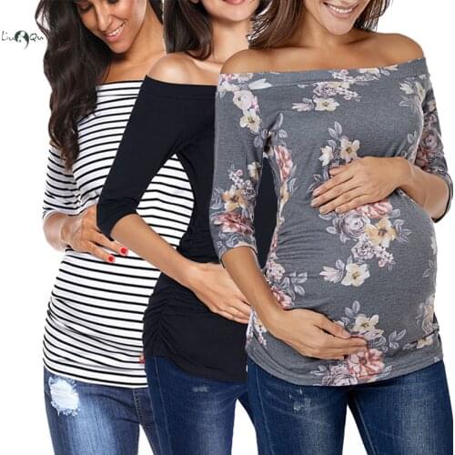 Pack of 3pcs Womens Maternity Off Shoulder Tops Women Top Mama Clothes Flattering Side Ruching Slaneck Neck Pregnancy T-shirt