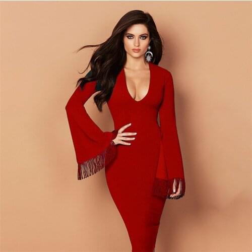 See Orange Long Sleeve Tassel Bandage Dress Vestidos Women Winter Dress 2018 Spring Bandage Dress Female SO7841
