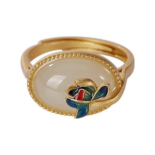 S925 sterling silver gold plated cloisonne Hetian jade lotus ring retro national trend womens opening silver ring