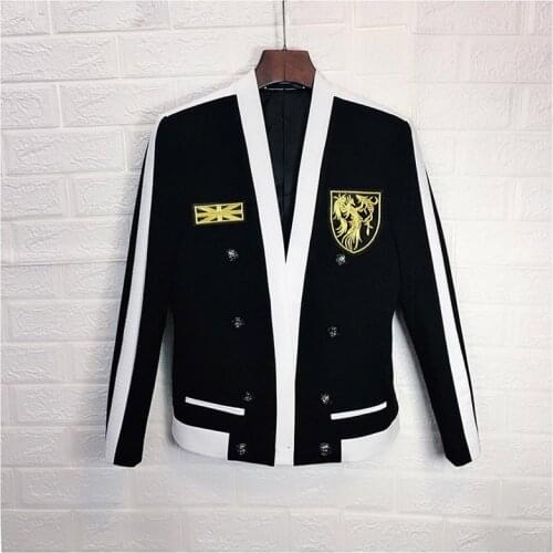 100%real mens luxury black with white binding embroidery slim jacket/fashion model tuxedo jacket/ASIA SIZE/this is only jacket