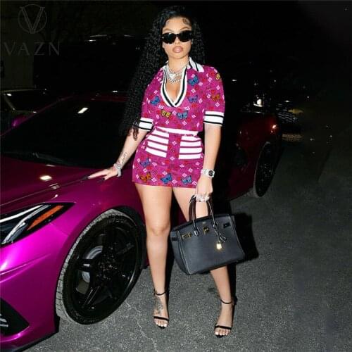 VAZN 2021 European and American Womens Fashion V-Neck Sexy Personality Butterfly Print Casual Two-Piece Set