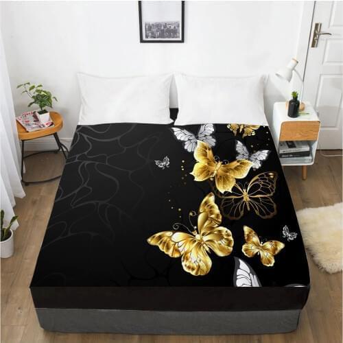 3D HD Digital Printing Custom Bed Sheet With Elastic,Fitted Sheet Queen King Black Gold Butterfly Bedding Mattress Cover