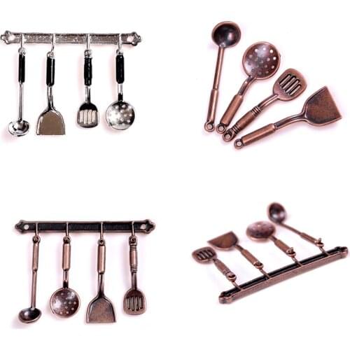 5pc/set 1:12 Doll House Miniature Cook Set Metal Kitchenware Bronze Dollhouse ModelClassic Kitchen Supplies Parts Toys Hobbies