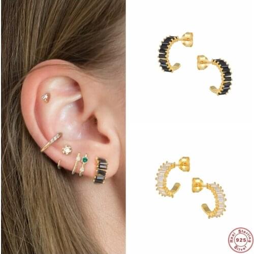 Aide 925 Sterling Silver Rainbow Color Crystal Hoop Earrings Half Circle Earring Piercing CZ Zircon Pendiente Ohrringe Jewelry