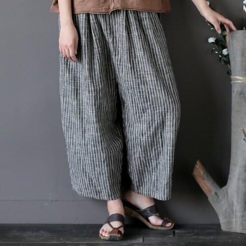 Women Loose Cotton Linen Striped Retro Pants Ladies elastic Waist Vintage Washed Trousers Female Casual Plus size Pants Summer