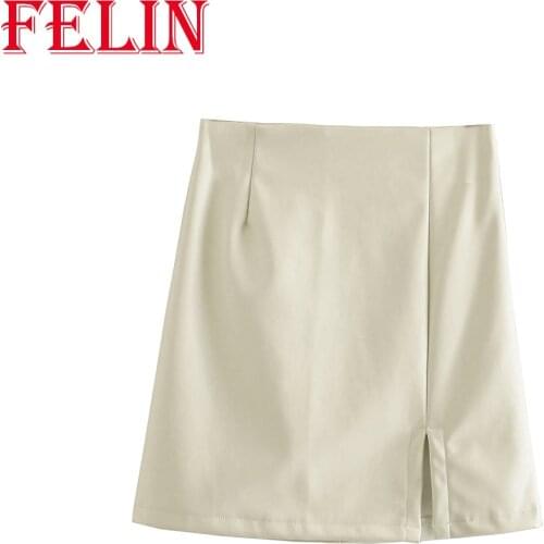 FELIN Za 2021 Womens Skirt Vintage White PU Leather Skirt High Waist Undefined Drapped Girls Office Wear Mujer Falda corta