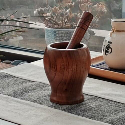 Pounded Garlic Jar Mortar Old Fashion Wooden Grinder Round Smooth Hand Polished Pestle Set For Grind Herbs Spices Grains Pepper