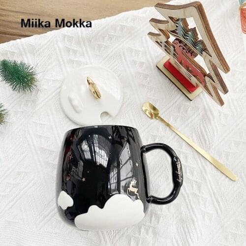 Ceramic Cup Ins Star Sky Light Luxury with Gold Mug Three-dimensional Cloud Cup Milk Cup Breakfast Cup with Cover Spoon Suppor