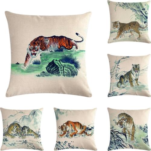 Chinese Ink Painting Monutain Tiger Cushion Cover Vintage Home Cafe Decorative Cotton Linen Pillow Case For Sofa Couch ZY386
