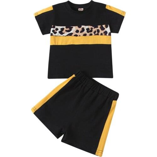 Fashion 2PCS Leopard Patchwork Short Sleeve Top Shorts Suit Girl Outfits Baby Children Clothing for Kid Summer Toddler Outfit